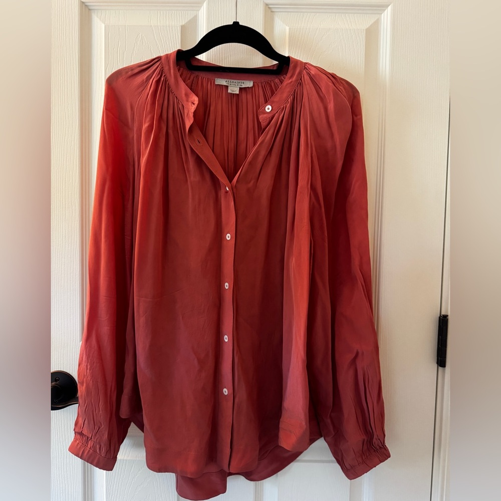 All Saints Coral Mandarin Collar Relaxed Blouse